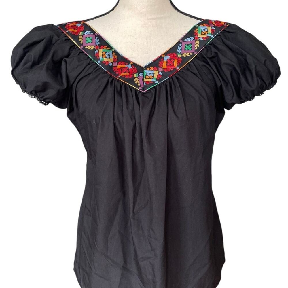 Vintage Henderson's Black Puff Sleeve V-Neck Peasant Top Size Small